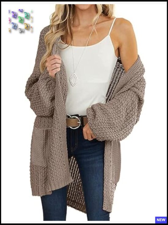 Oversized Chunky Knit Cardigan Open Front Lantern Sleeve Cozy Sweater - Picture 2 of 7